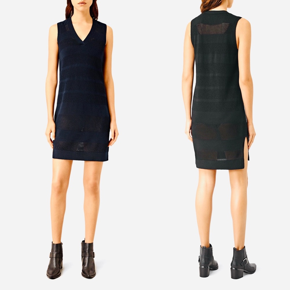 ALL SAINTS Black Linen Cotton Blend Fix Mesh Knit Sleeveless Slit Dress